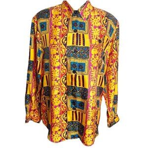 Vintage 90s Silk House   Button Up Shirt Loud Luxury Retro Opulent Small‎